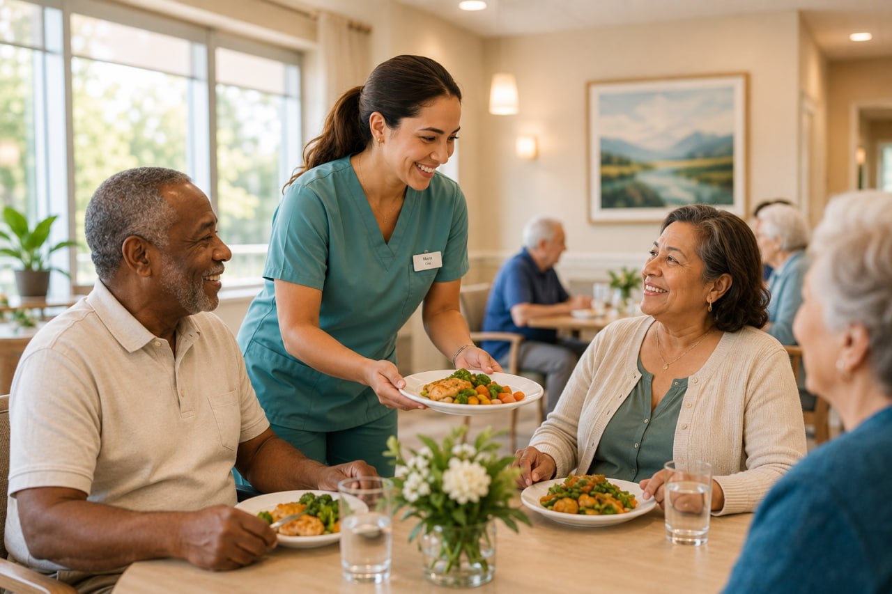 An Advinia Care caregiver sharing a smile with a resident